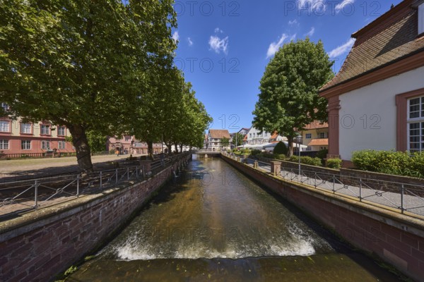 River Mümling, general development, car and pedestrian bridge, trees, metal railing, blue sky, Neue