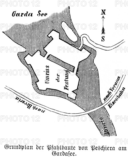 Site plan of the pile dwellings of Peschiera del Garda on Lake Garda at the time of the Terramare