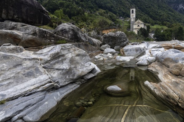 Rocks in the Verzasca River, behind Lavertezzo, Verzasca Valley, Valle Verzasca, Canton Ticino,