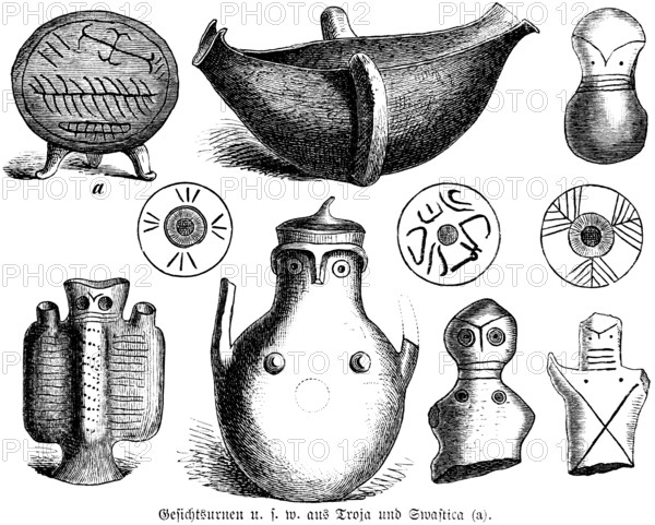 Face urns from Troy and a swastika (a) on which the swastika is based, History of Mankind, Turkey,