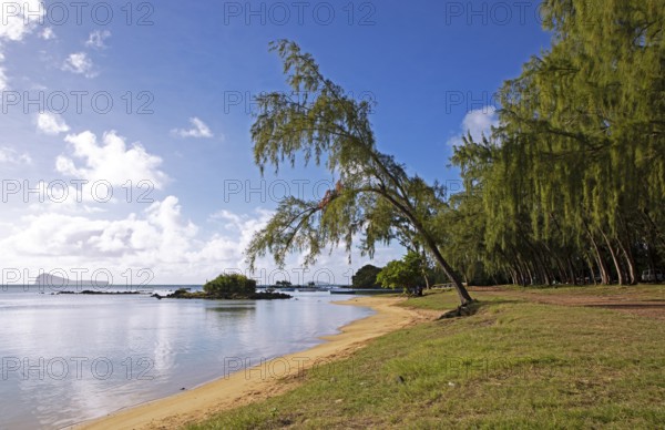 Indian Ocean beach at Calodyne, Gunner's Coin island in the background, Riviere du Rempart