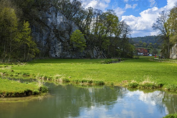 Picturesque valley of the Große Lauter in spring, near Unterwilzingen, Swabian Alb,
