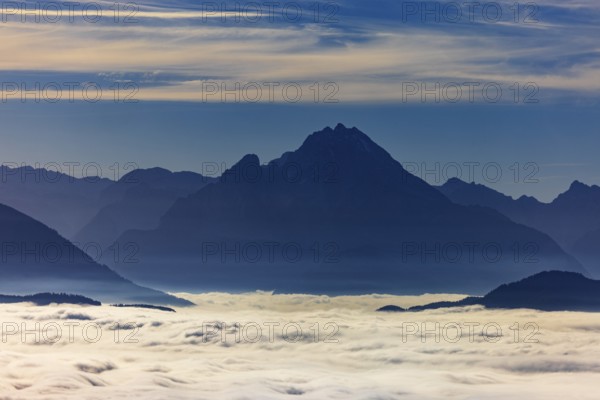 View from Schwarzenberg to a sea of fog in the Salzach valley with Watzmann, Osterhorn group,