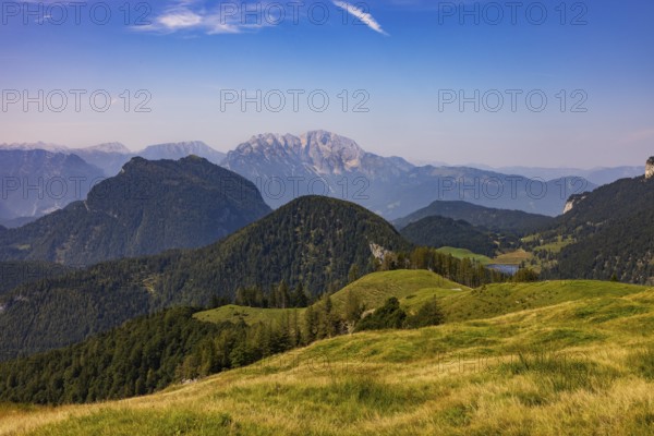 At the summit of Alpbichl with a view of the Schwarzer Berg and Seewaldsee, Osterhorngruppe,