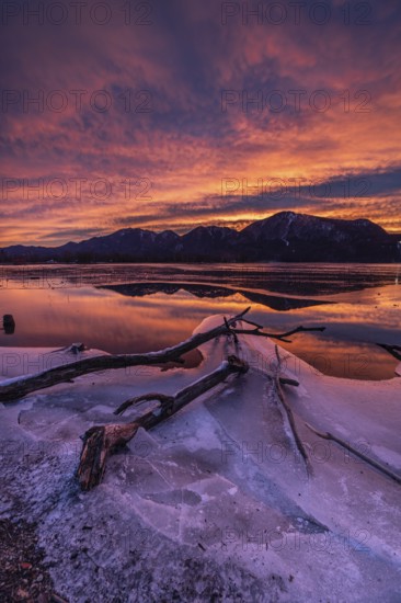 Dawn, mountains reflected in lake, clouds, ice, frozen, winter, Lake Kochel, view of Rabenkopf,