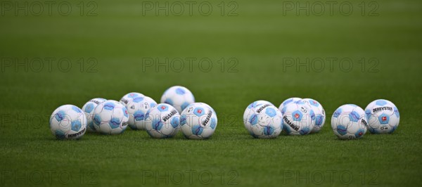 Adidas Derbystar match balls on the pitch WWK Arena, Augsburg, Bavaria, Germany, Europe