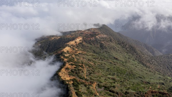 Aerial view, fog and typical landscape, La Gomera, Canary Islands, Spain, Europe