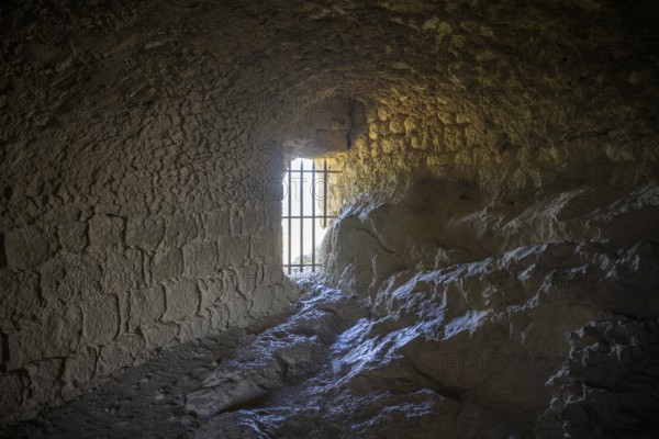Dark vault in the Cathar castle of Quéribus, Cucugnan, Département Aude, France, Europe