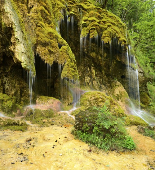 The Schleier Falls on the Ammer, moss-covered waterfall, Ammergau Alps, Bavaria, Germany, Europe