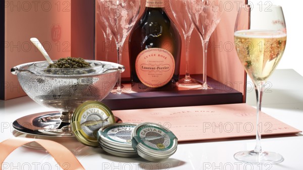 Champagne bottle with glasses, caviar, caviar tins, studio shot