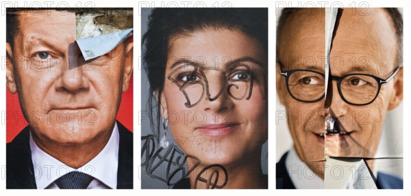 Torn and graffitied large posters for the 2025 federal election with Olaf Scholz, Sahra Wagenknecht
