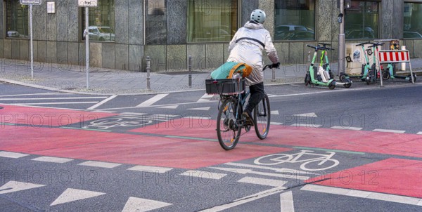 Red marked cycle path in the city centre, Berlin, Germany, Europe