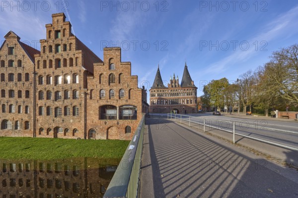 Historic salt storehouses and Holstentor city gate, Hanseatic city of Lübeck, independent city,