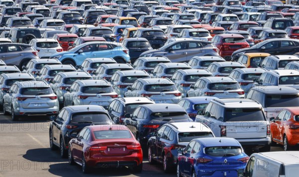 Duisburg, North Rhine-Westphalia, Germany - New cars, transhipment centre, car terminal in Duisburg