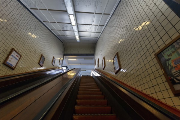 Wooden escalator in the Sint-Annatunnel, heritage-protected St Anne's Tunnel under the Scheldt,