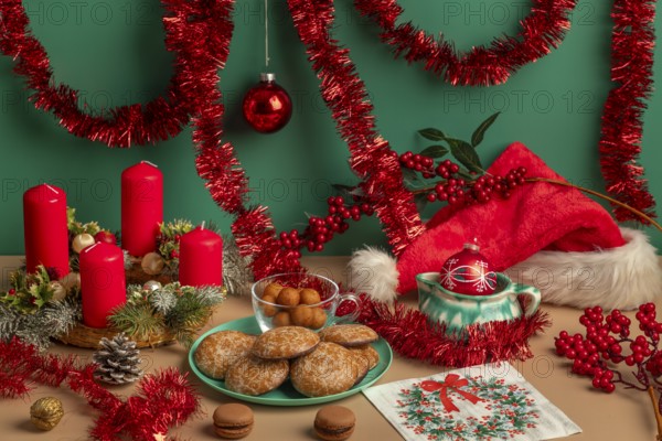Table with Christmas decorations, biscuits and Advent wreath with red candles, framed by garlands