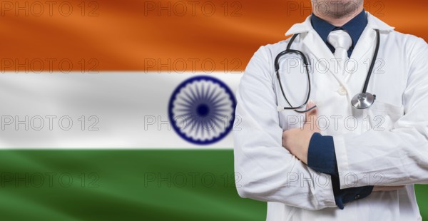 Doctor with stethoscope on India flag. Doctor holding stethoscope on India flag