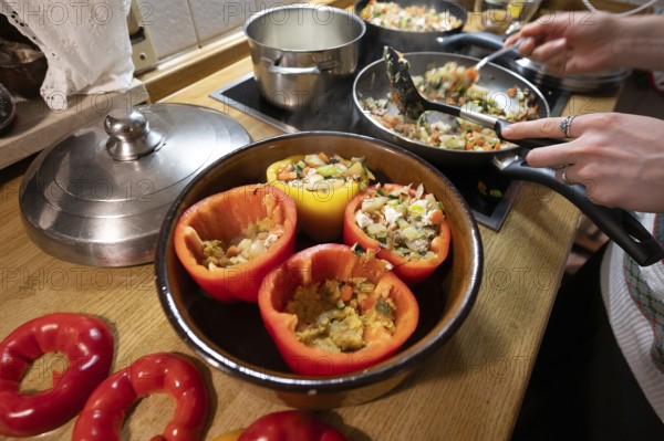 Stuffed peppers with vegetables are prepared in the kitchen, Bavaria, Germany, Europe