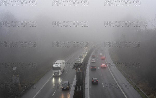 Dense fog, with visibility sometimes less than 100 metres, A52 motorway, in Essen, North