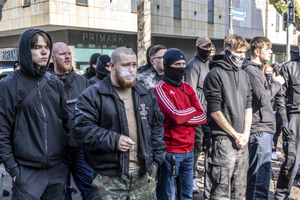 The neo-Nazi group Jung und Stark, JS, demonstrates in the city centre of Essen, demanding the