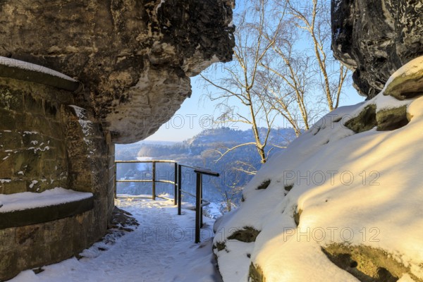 Winter magic at the Bastei, access to the Tiedge Aussicht, Saxon Switzerland, Saxony, Germany,