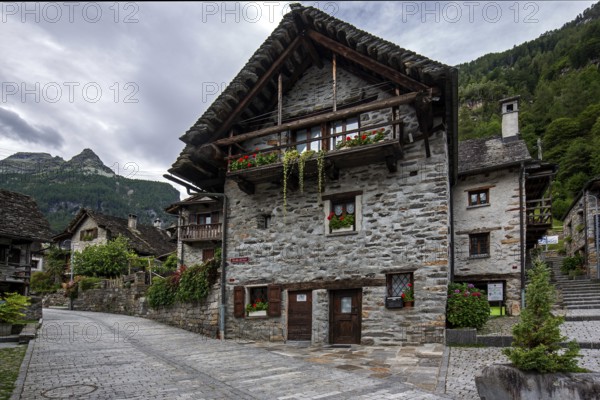 Typical Ticino stone houses in the village of Sonogno, Verzasca Valley, Valle Verzasca, Canton