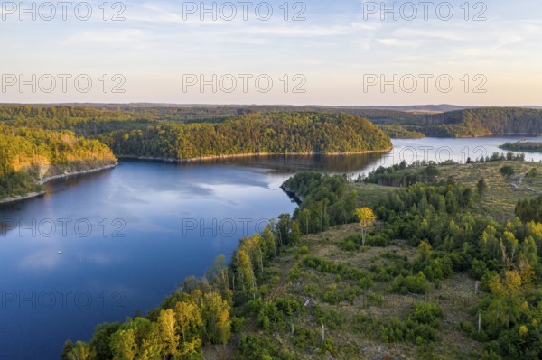 Reservoir of the Rappbode dam in the evening, Oberharz am Brocken, Harz, Saxony-Anhalt, Germany,