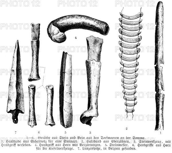 Various implements made of stone, bone, horn and animal teeth, Stone Age, geology, anthropology,