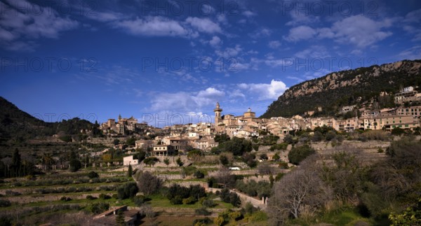 View of the mountain village of Valldemossa, Church Iglesia de la Cartuja, Real Cartuja (Royal
