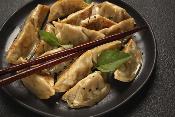 Japanese fried dumplings, gyoza, sesame seeds, top view, no people