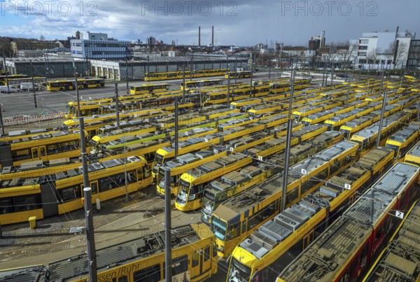Essen, North Rhine-Westphalia, Germany, Trams at Ruhrbahn depot, Verdi and EVG warning strike,