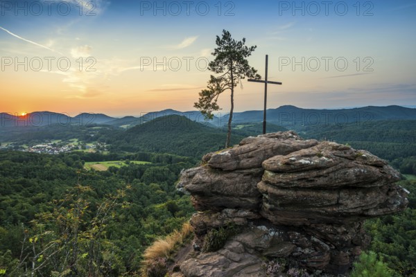Sandstone rock with pine tree and summit cross, Rötzenfelsen, sunrise, Gossersweiler-Stein,