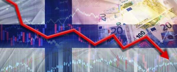 Finland financial crisis on economic graph. Financial fall of Finland on economy market