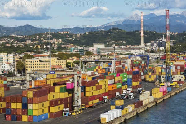 High angle view of rows of stacked rectangular metal box shipping containers and gantry cranes on