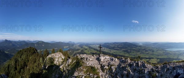 Drone shot, summit cross on the Schober with a view of Mondsee and Fuschlsee, Osterhorn group,