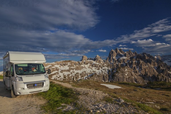 Camper paring at 2300 m sea level. Cadin mountain and surrounding area of the Tre Cime di Lavaredo