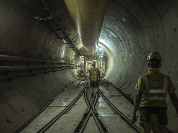Workers in a tunnel section, construction lot H53 in the Brenner Base Tunnel, Tyrol, Austria,