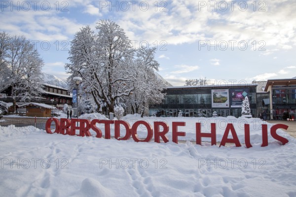 Winter, snow, lettering Oberstdorfhaus, at the Kurpark, Prinzregentenplatz, Oberstdorf, Oberallgäu,