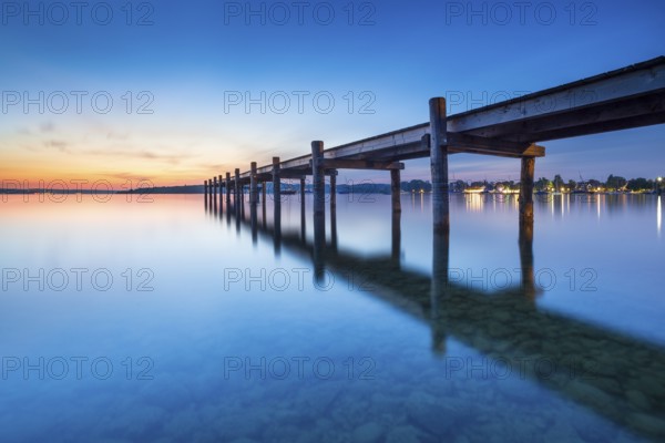 Jetty on the Lake Ammer at dusk, Herrsching am Lake Ammer, Bavaria, Germany, Europe
