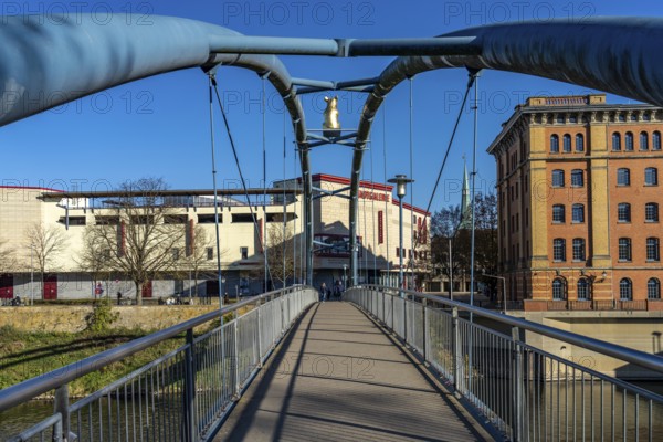 Pedestrian bridge with Golden Rat over the Weser in Hameln, Lower Saxony, Germany, Europe