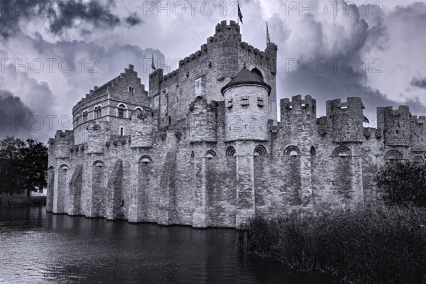 Castle Gravensteen, German Burg Grafenstein, moated castle, black and white image composition,