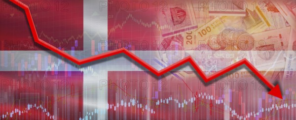 Denmark financial crisis on economic graph. Financial fall of Denmark on economy market