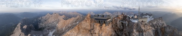 Alpine panorama, aerial view, Zugspitze and Zugspitze railway, high mountains, Bavaria, Germany,