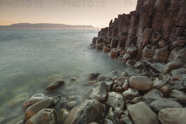 Basalt columns, columnar basalt, coast, long exposure, Hofsos or Hofsós, Skagafjörður, Norðurland,