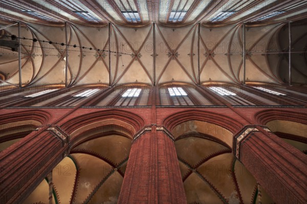 Vaulted ceiling of St Nicholas' Church, late Gothic brick building, built between 1381 and 1487,