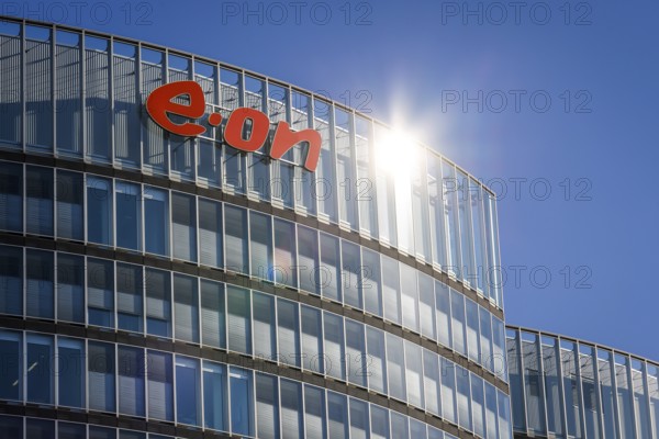Essen, North Rhine-Westphalia, Germany, E.ON headquarters. Company logo on the facade of the