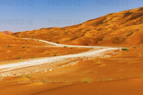Wide road leads through the Rub al Khali desert, Dhofar province, Arabian Peninsula, Sultanate of