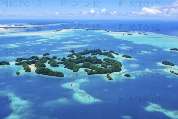 Aerial view of 70 Seventy Islands Rock Islands in island paradise island state Palau in the Pacific
