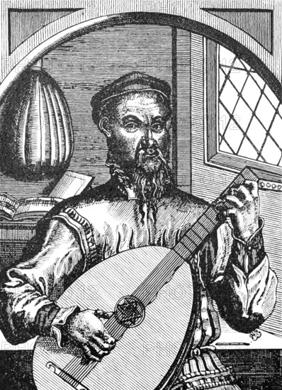 Lute player Sebastian Ochsenkuhn (1521-1574), publisher of a lute book, interior, window, music