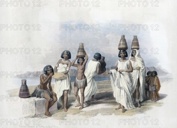 Nubian Women at Kortie on the Nile, Egypt, c. 1850, Historical, digitally restored reproduction